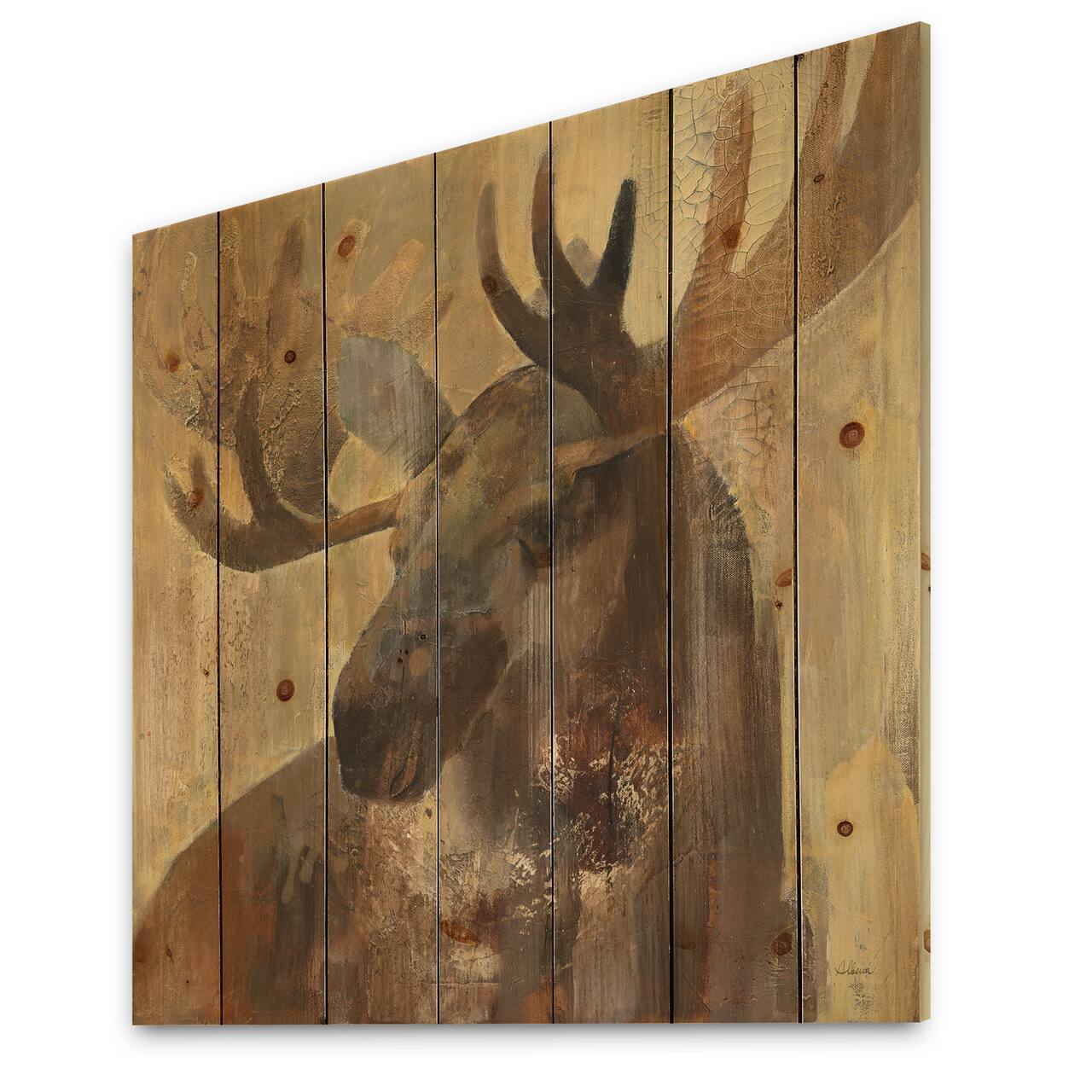 Designart - Into the Wild Gold Moose - Farmhouse Print on Natural Pine Wood